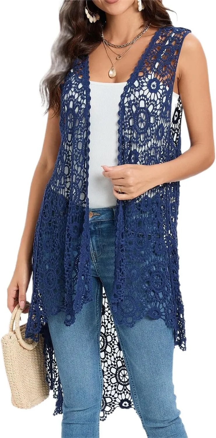 Women's Casual Long Crochet Vest Loose Fit Boho Lace Cover up High Low Sleeveless Cardigan