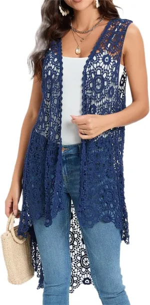 Women's Casual Long Crochet Vest Loose Fit Boho Lace Cover up High Low Sleeveless Cardigan