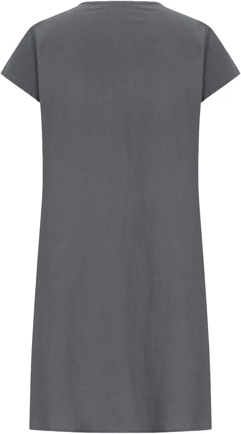Women's Cotten Linen Summer Dresses Midi Casual Cap Sleeve Crewneck A Line Flowy Swing Beach Trendy Sundress
