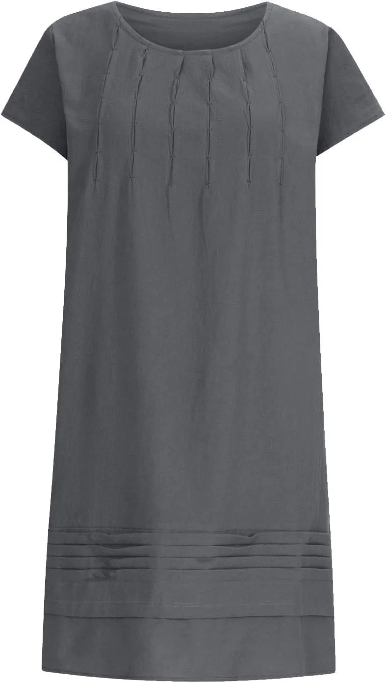 Women's Cotten Linen Summer Dresses Midi Casual Cap Sleeve Crewneck A Line Flowy Swing Beach Trendy Sundress