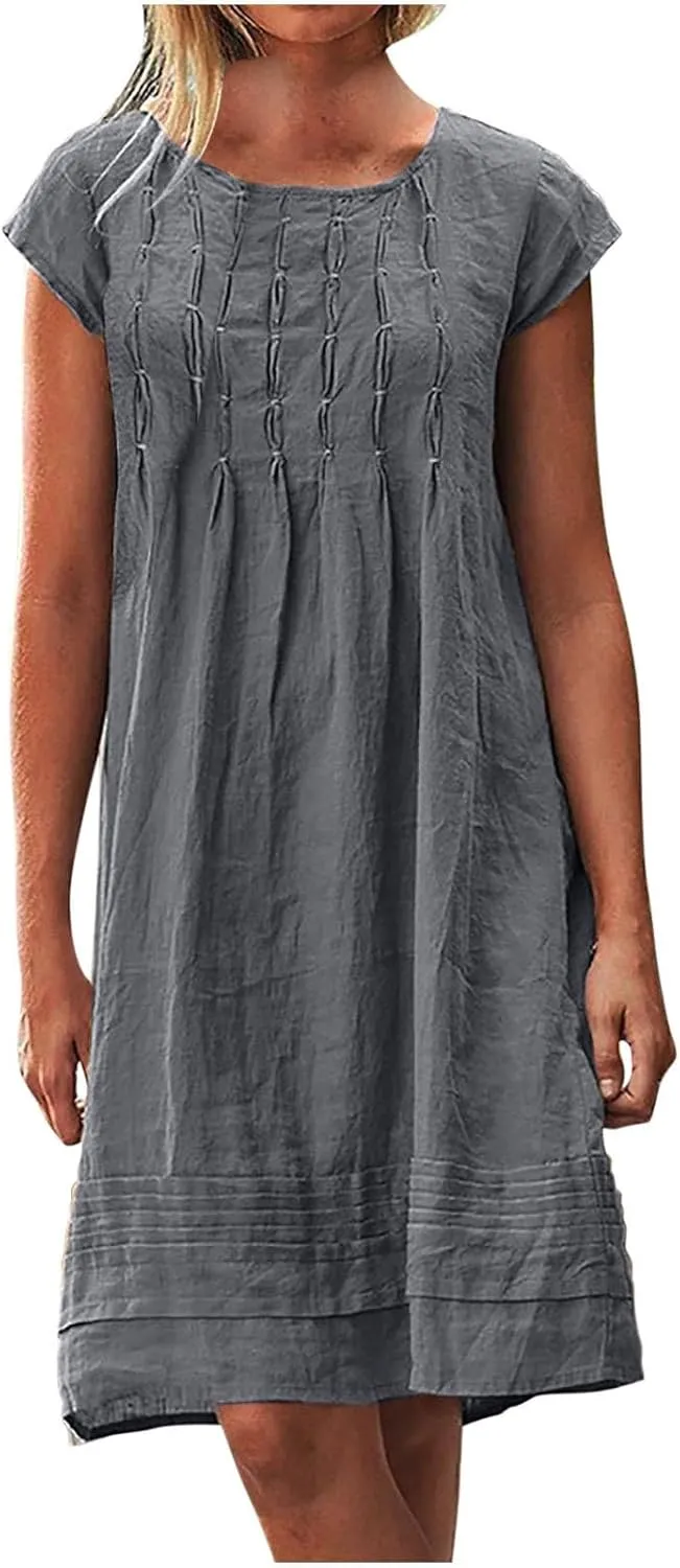 Women's Cotten Linen Summer Dresses Midi Casual Cap Sleeve Crewneck A Line Flowy Swing Beach Trendy Sundress
