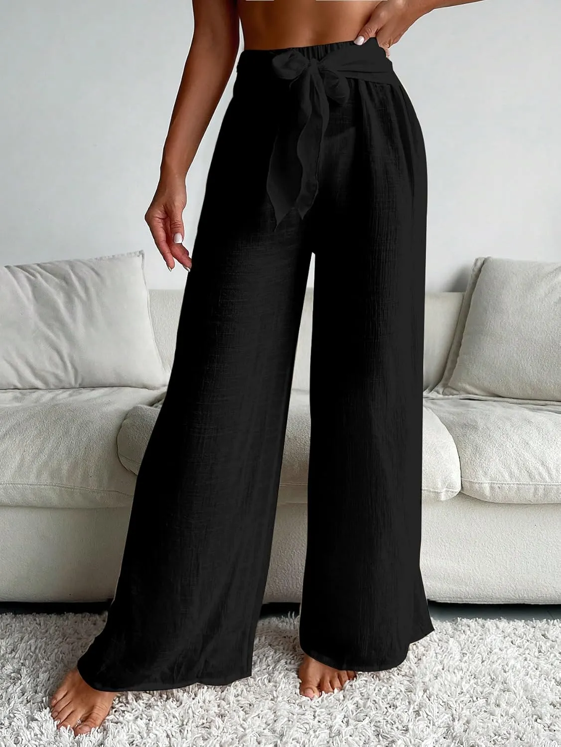 Women's Cover Up Beach Pants Tie Front Mesh Wide Leg Loose Bathing Suit Beach Cover Up Pants