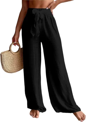 Women's Cover Up Beach Pants Tie Front Mesh Wide Leg Loose Bathing Suit Beach Cover Up Pants