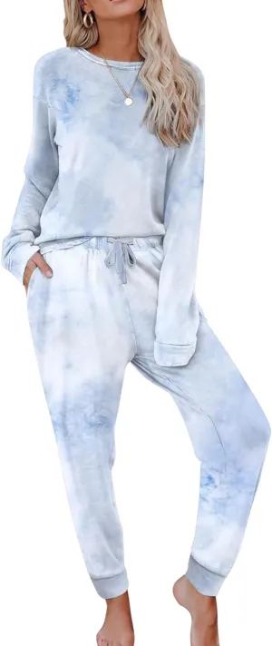 Women's Cozy 2 Piece Outfits Lounge Sets Long Sleeve Tie Dye Tops Jogger Sweatpants Sweats Track Suits Loungewear Sets