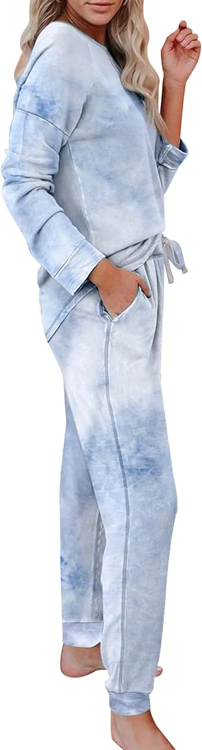 Women's Cozy 2 Piece Outfits Lounge Sets Long Sleeve Tie Dye Tops Jogger Sweatpants Sweats Track Suits Loungewear Sets