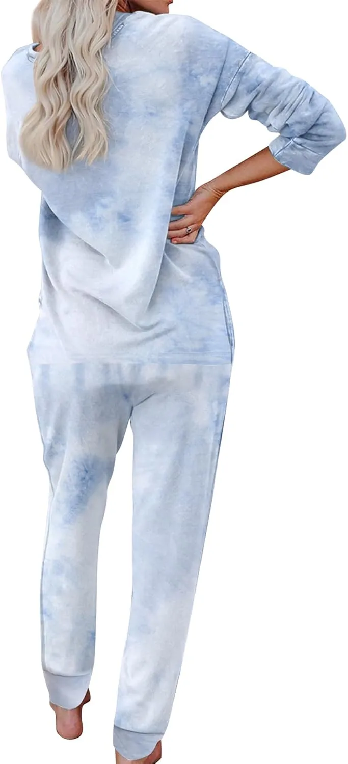 Women's Cozy 2 Piece Outfits Lounge Sets Long Sleeve Tie Dye Tops Jogger Sweatpants Sweats Track Suits Loungewear Sets