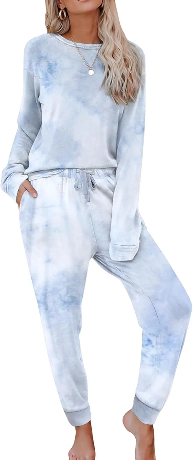 Women's Cozy 2 Piece Outfits Lounge Sets Long Sleeve Tie Dye Tops Jogger Sweatpants Sweats Track Suits Loungewear Sets
