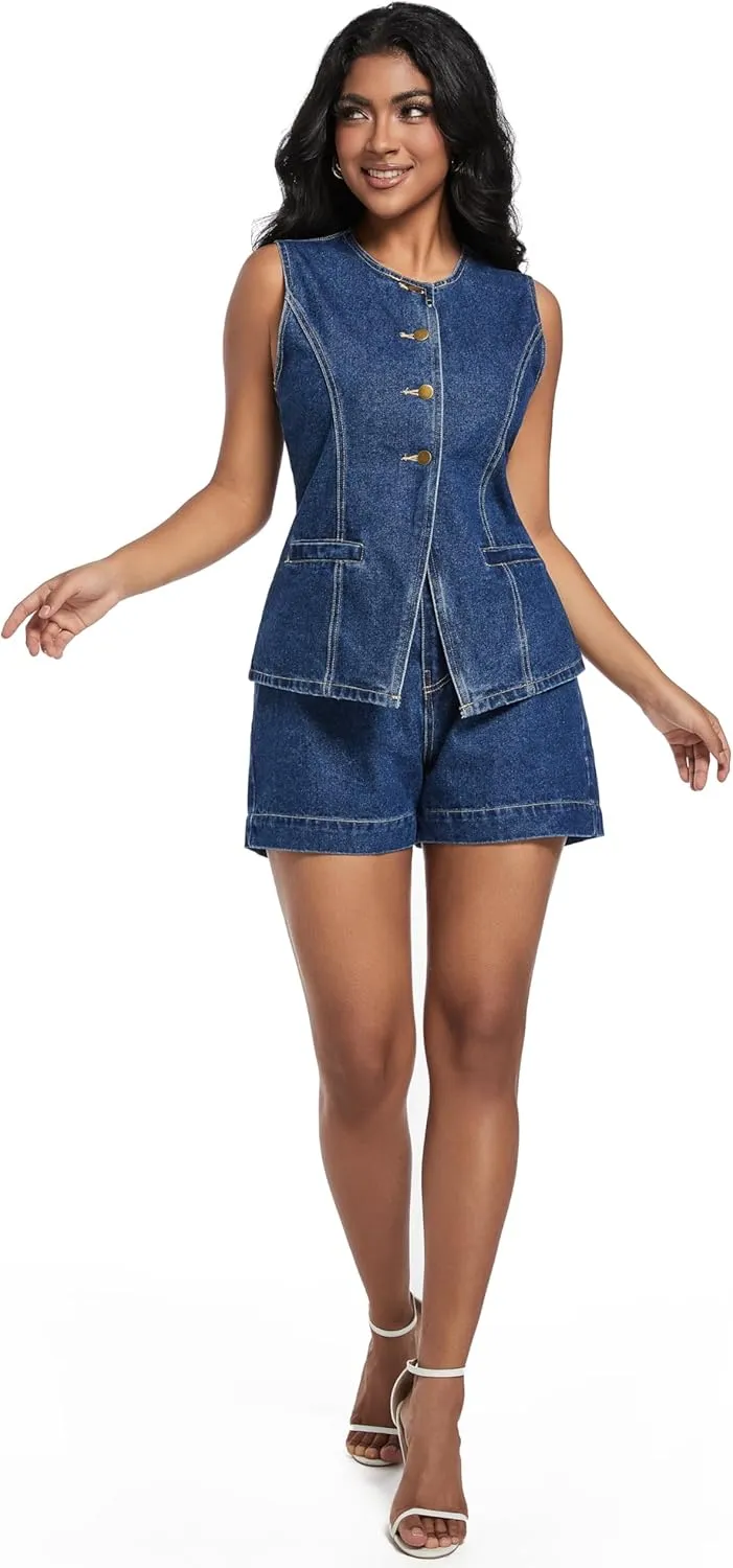 Women's Denim 2 Piece Set Casual Business Sleeveless Jean Blazer Vest Tops and High Waist Shorts Outfit Tracksuits