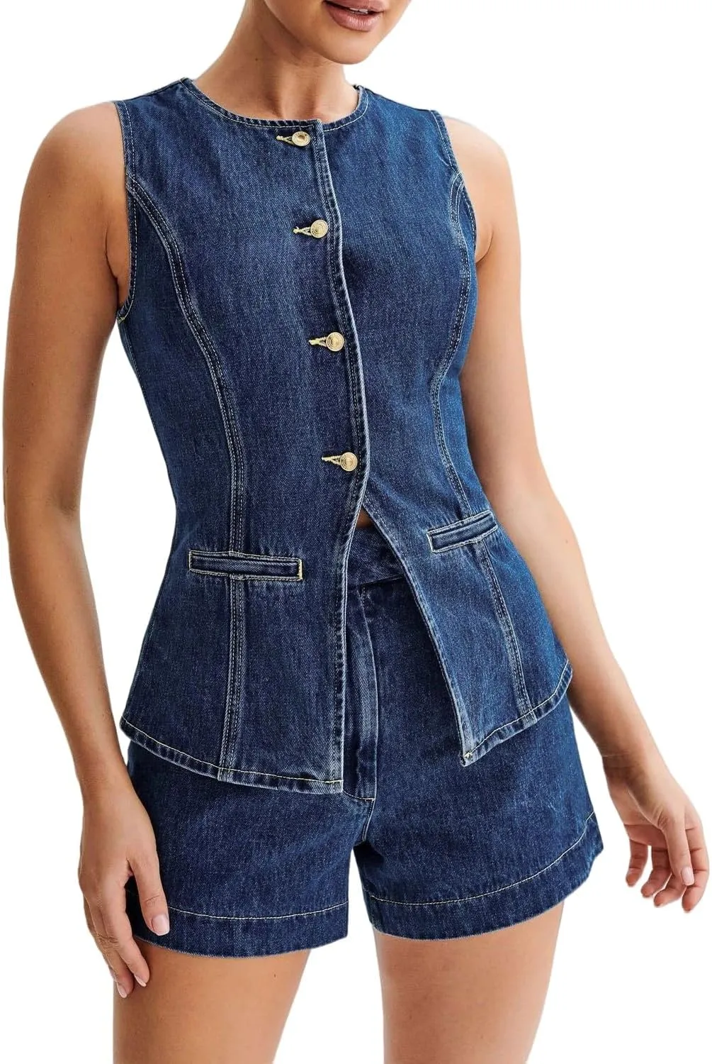Women's Denim 2 Piece Set Casual Business Sleeveless Jean Blazer Vest Tops and High Waist Shorts Outfit Tracksuits