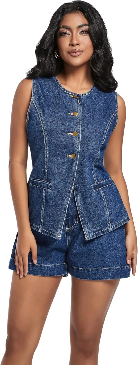 Women's Denim 2 Piece Set Casual Business Sleeveless Jean Blazer Vest Tops and High Waist Shorts Outfit Tracksuits