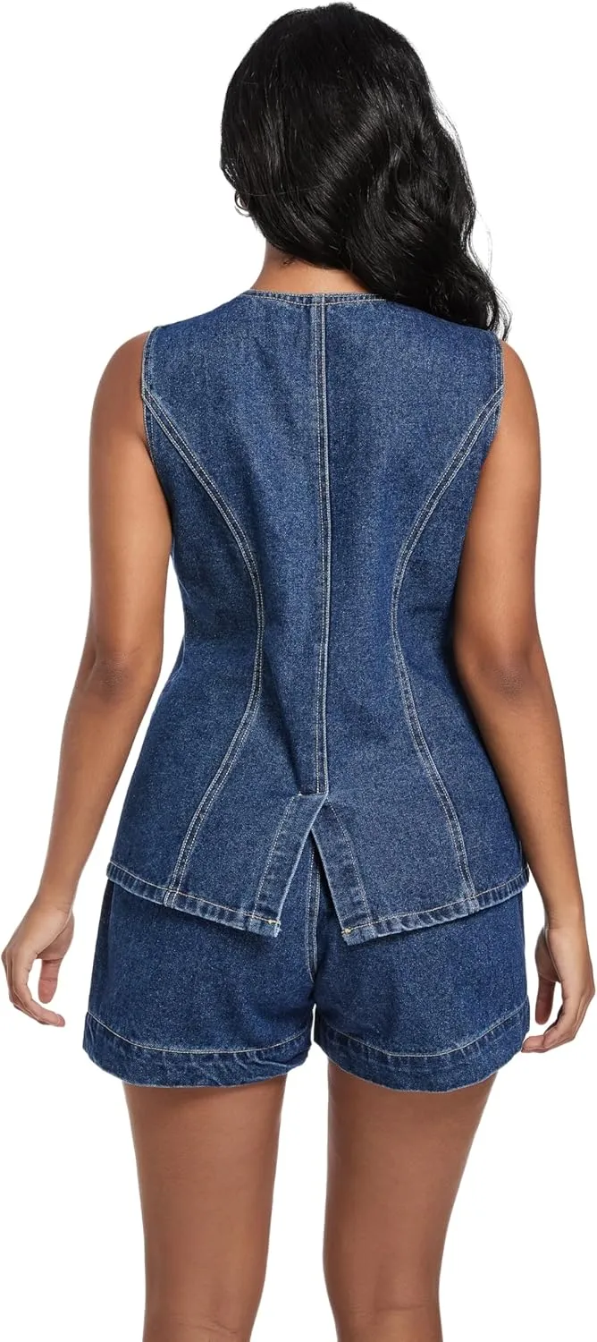 Women's Denim 2 Piece Set Casual Business Sleeveless Jean Blazer Vest Tops and High Waist Shorts Outfit Tracksuits