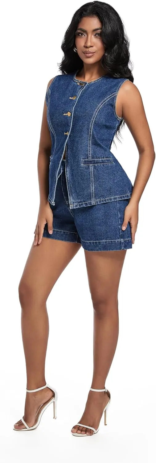 Women's Denim 2 Piece Set Casual Business Sleeveless Jean Blazer Vest Tops and High Waist Shorts Outfit Tracksuits