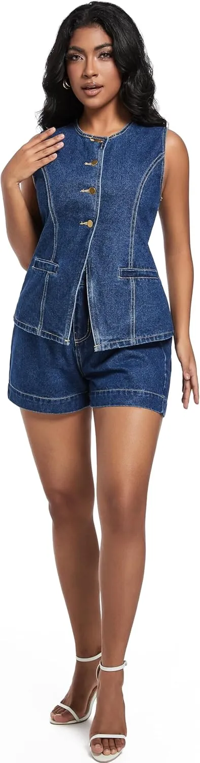 Women's Denim 2 Piece Set Casual Business Sleeveless Jean Blazer Vest Tops and High Waist Shorts Outfit Tracksuits