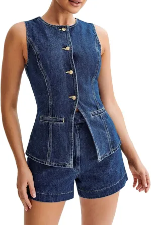 Women's Denim 2 Piece Set Casual Business Sleeveless Jean Blazer Vest Tops and High Waist Shorts Outfit Tracksuits