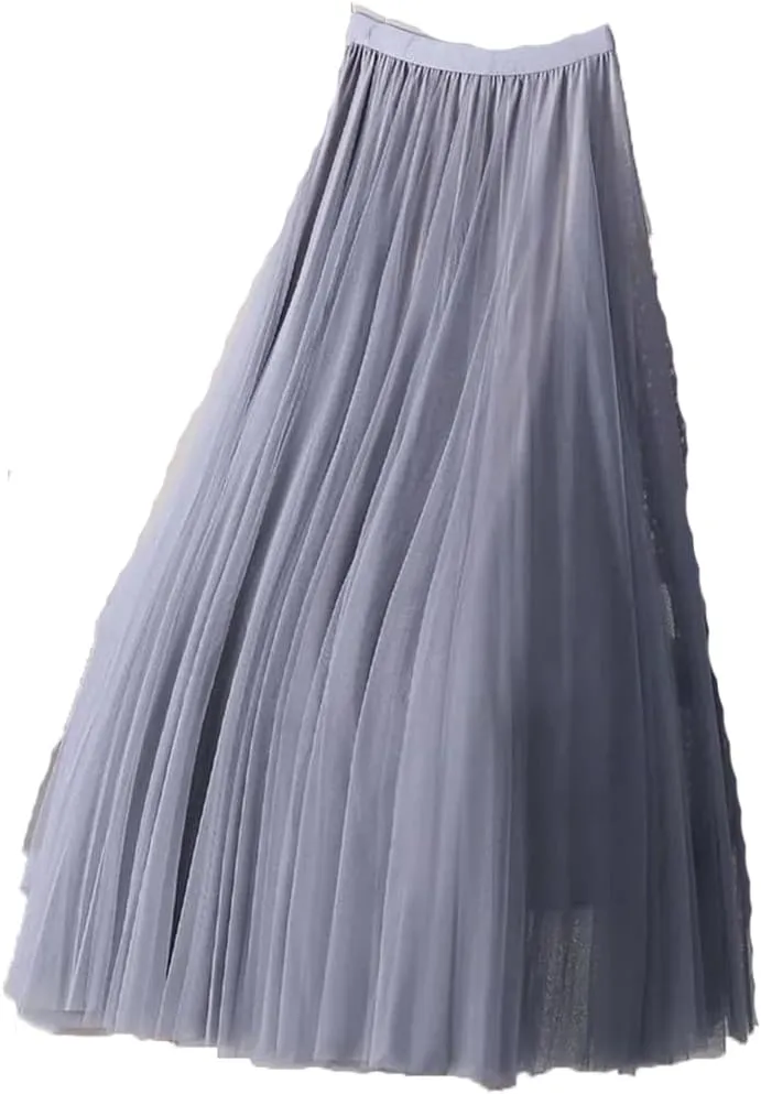 Women's Fashion Spring Summer High-Waisted Slim Pleated Skirt Solid Color Mesh Skirt Ladies Loose Long Skirts