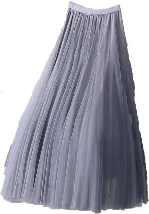 Women's Fashion Spring Summer High-Waisted Slim Pleated Skirt Solid Color Mesh Skirt Ladies Loose Long Skirts