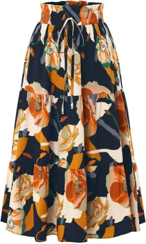 Women's Floral Print Midi Maxi Skirts 2025 Summer Casual Aline Elastic High Waist Pleated Flowy Long Skirt