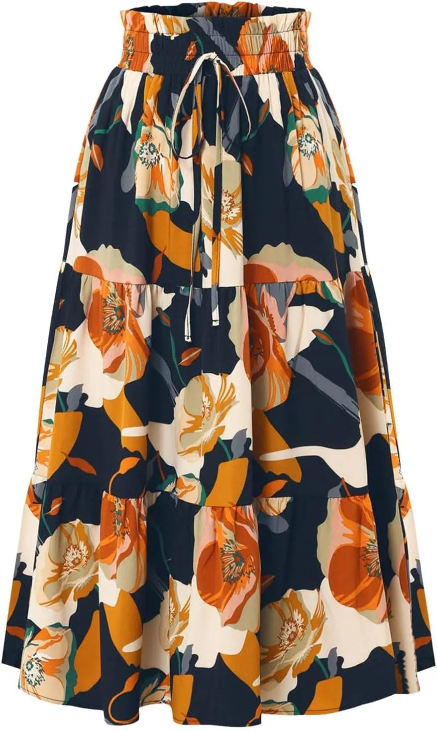 Women's Floral Print Midi Maxi Skirts 2025 Summer Casual Aline Elastic High Waist Pleated Flowy Long Skirt