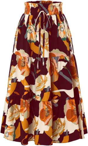 Women's Floral Print Midi Maxi Skirts 2025 Summer Casual Aline Elastic High Waist Pleated Flowy Long Skirt