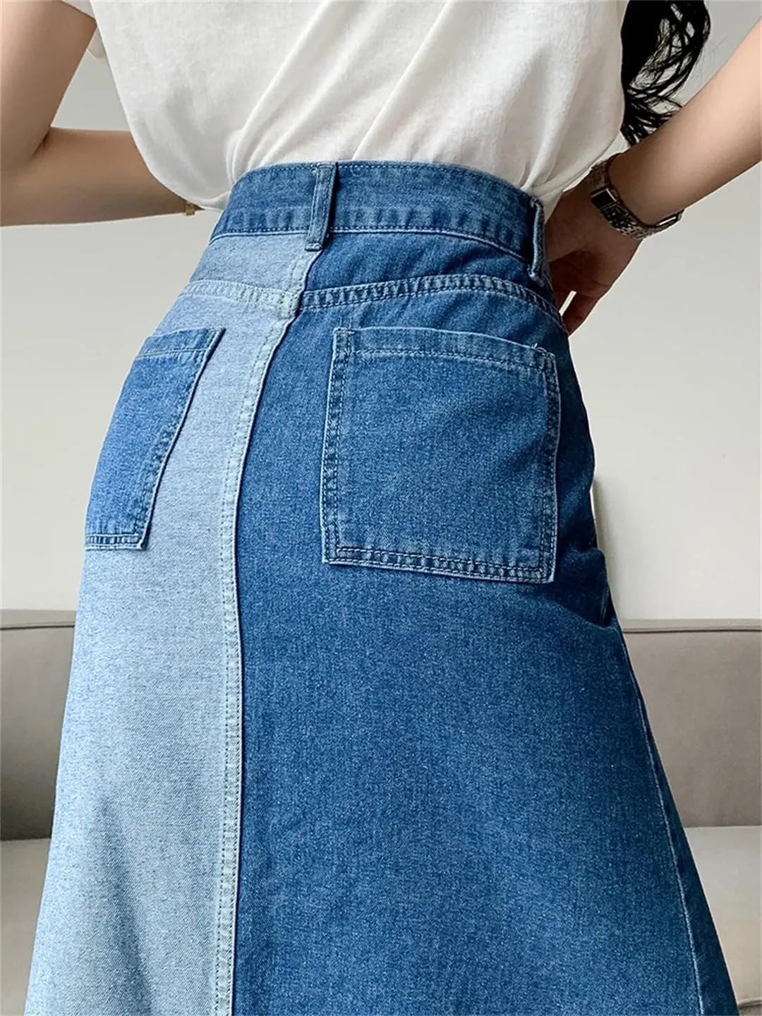 Women's Front Slit Color Block Denim Midi Skirt with 4-Pocket High Waisted Casual Button Down Skirts