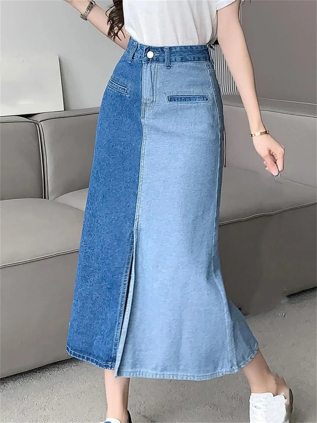 Women's Front Slit Color Block Denim Midi Skirt with 4-Pocket High Waisted Casual Button Down Skirts