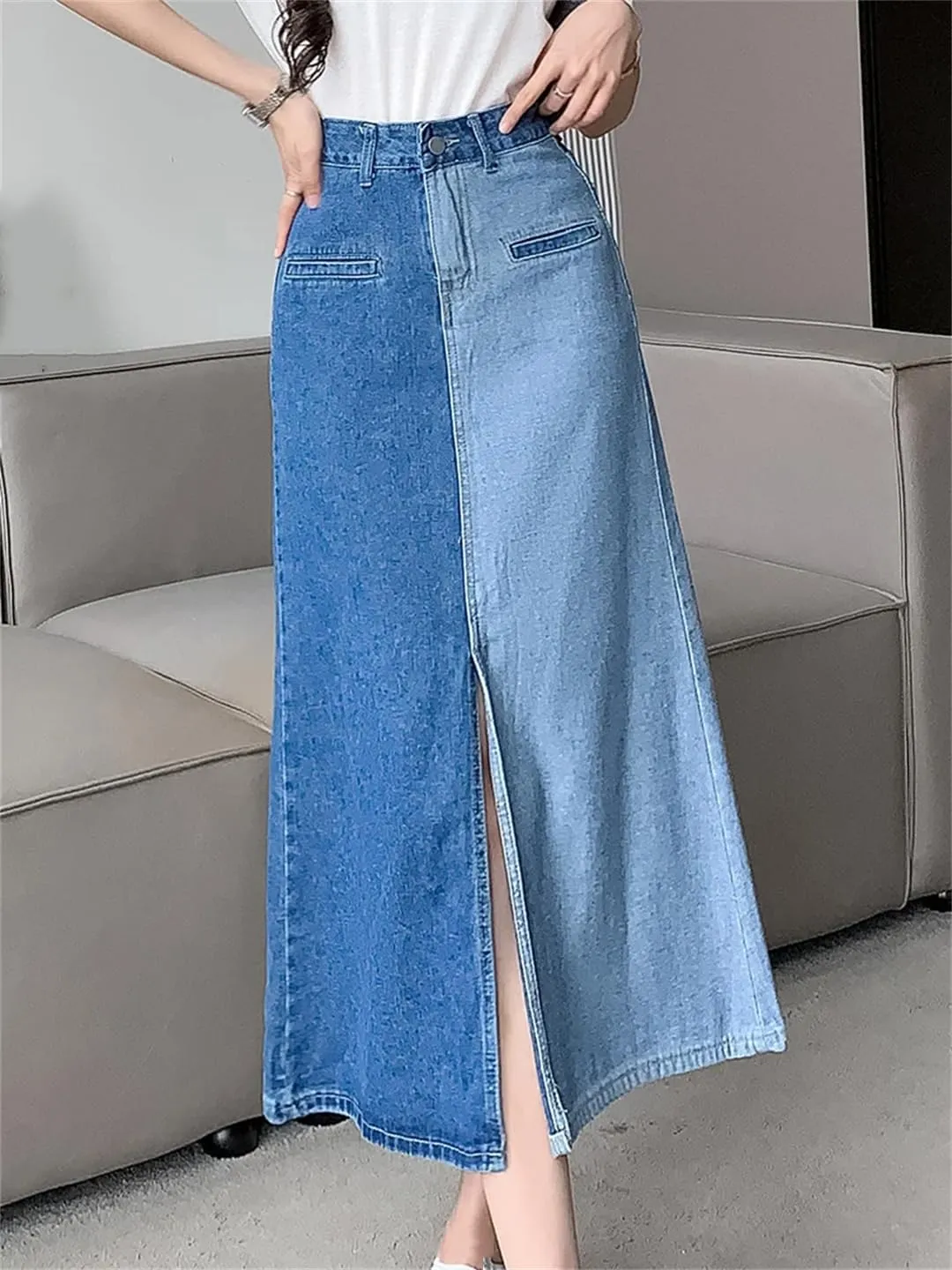 Women's Front Slit Color Block Denim Midi Skirt with 4-Pocket High Waisted Casual Button Down Skirts