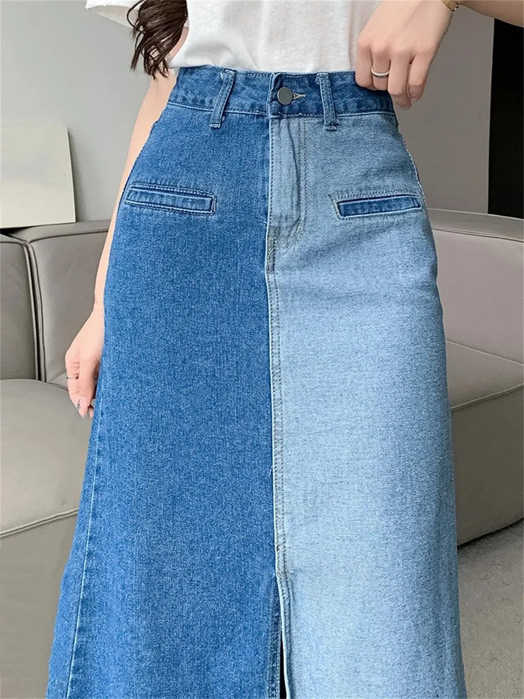 Women's Front Slit Color Block Denim Midi Skirt with 4-Pocket High Waisted Casual Button Down Skirts