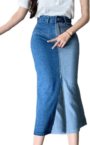 Women's Front Slit Color Block Denim Midi Skirt with 4-Pocket High Waisted Casual Button Down Skirts