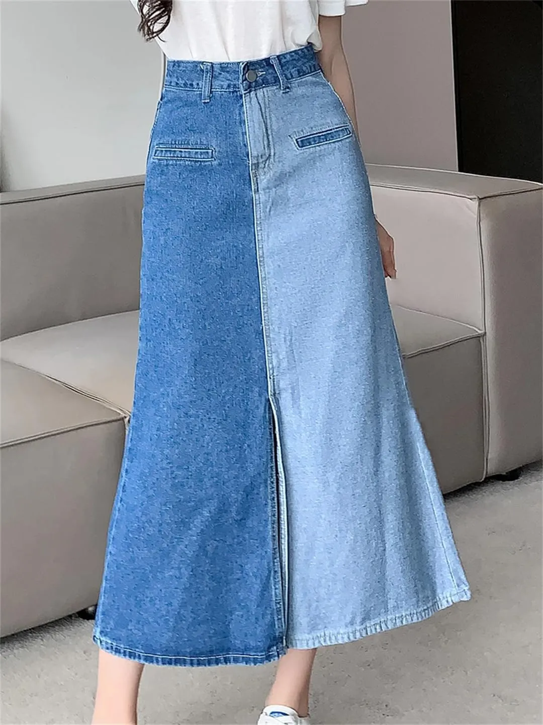 Women's Front Slit Color Block Denim Midi Skirt with 4-Pocket High Waisted Casual Button Down Skirts