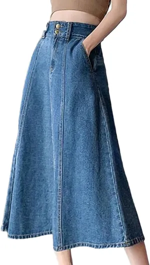 Women's High Waisted A-Line Denim Skirt with Pockets Ladies Work Office Mid-Calf Casual Skirts
