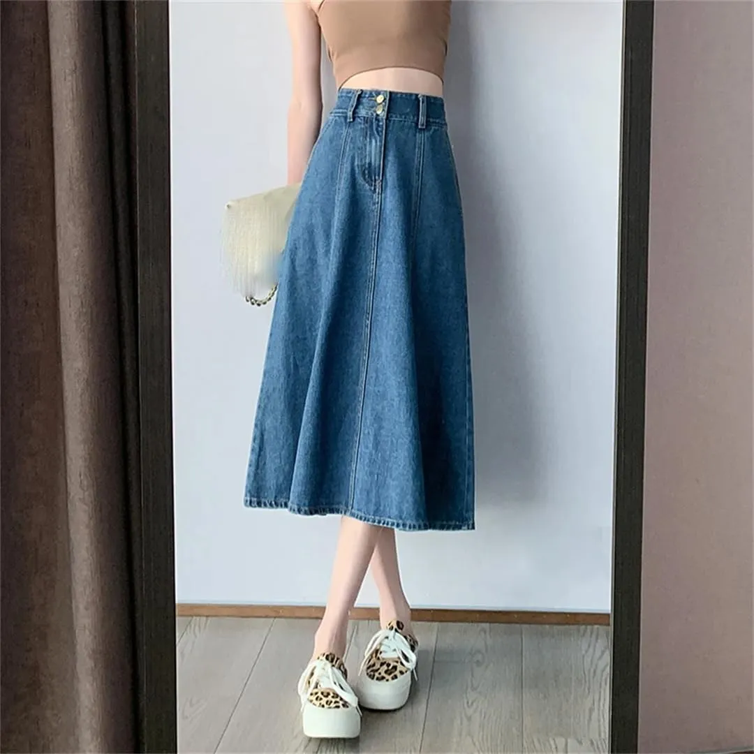 Women's High Waisted A-Line Denim Skirt with Pockets Ladies Work Office Mid-Calf Casual Skirts