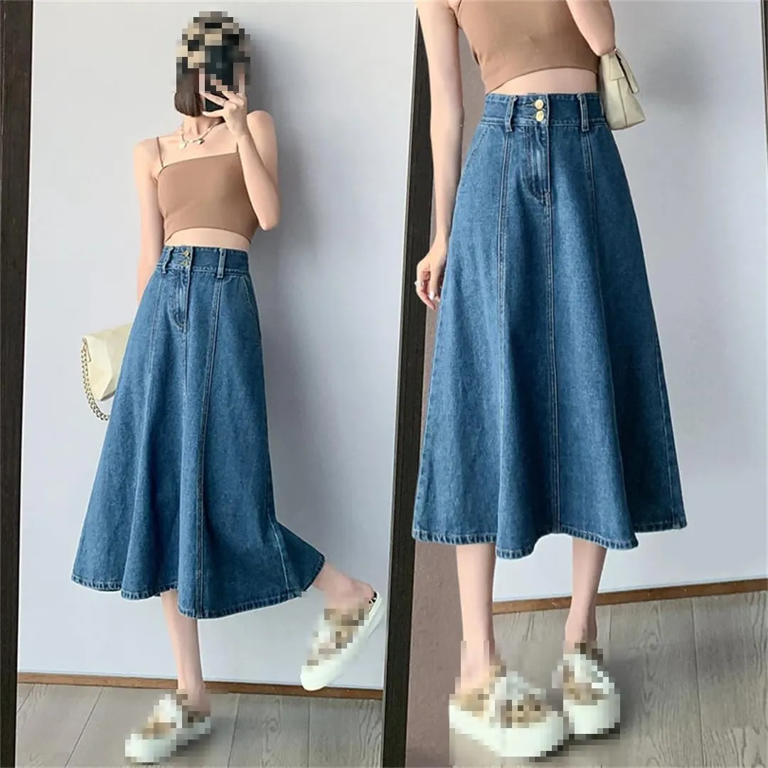 Women's High Waisted A-Line Denim Skirt with Pockets Ladies Work Office Mid-Calf Casual Skirts