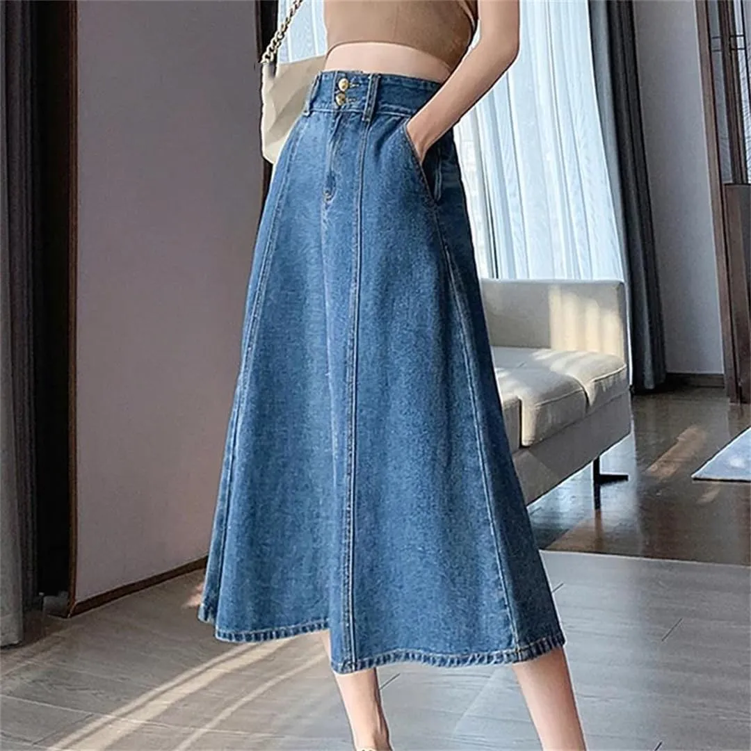 Women's High Waisted A-Line Denim Skirt with Pockets Ladies Work Office Mid-Calf Casual Skirts
