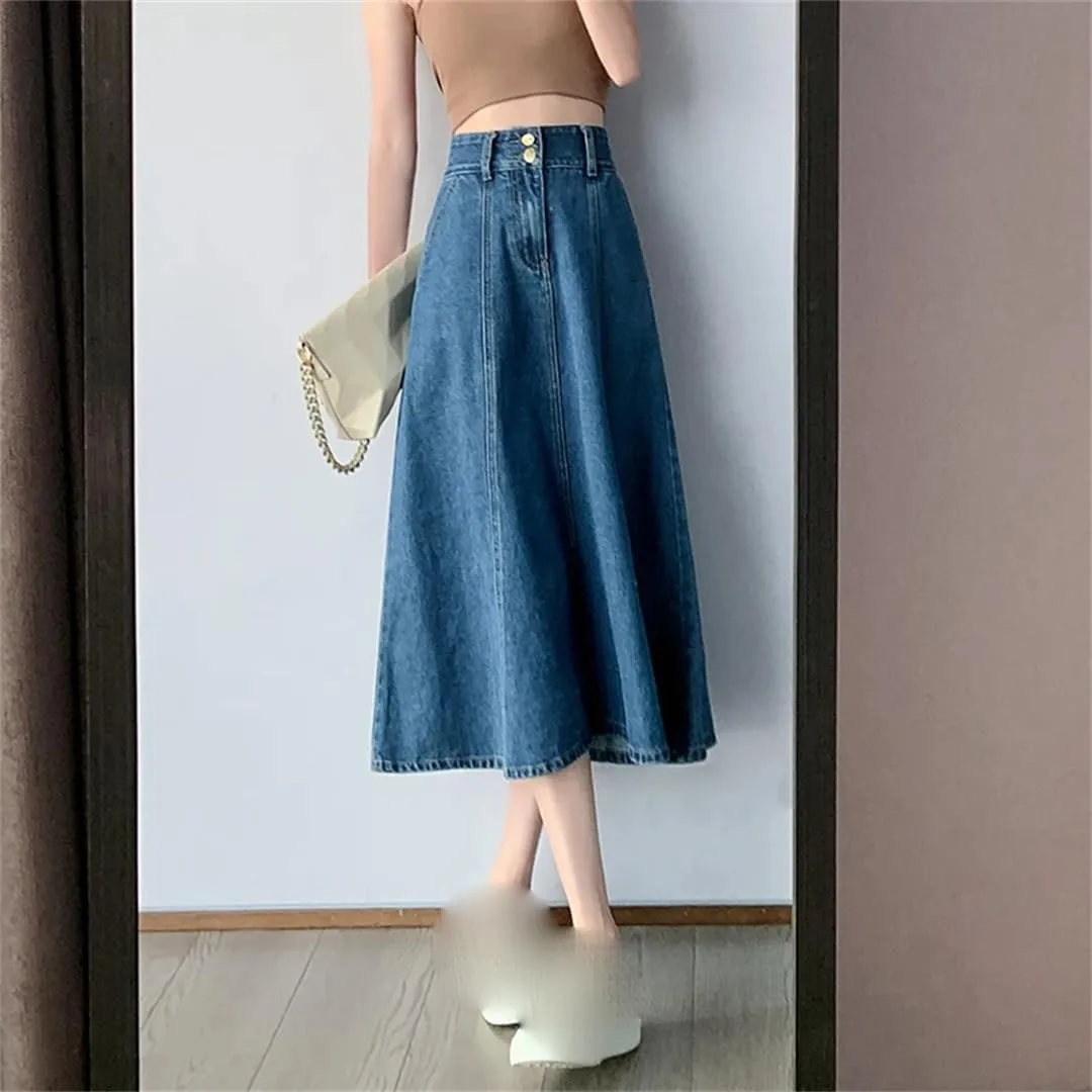 Women's High Waisted A-Line Denim Skirt with Pockets Ladies Work Office Mid-Calf Casual Skirts