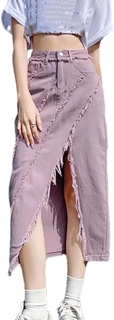 Women's High Waisted Side Slit Midi Skirt with Tassel Slim Fit A-Line Skirts Candy Color Casual Skirts