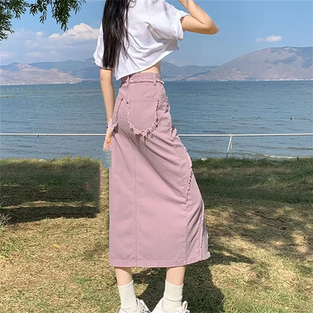 Women's High Waisted Side Slit Midi Skirt with Tassel Slim Fit A-Line Skirts Candy Color Casual Skirts