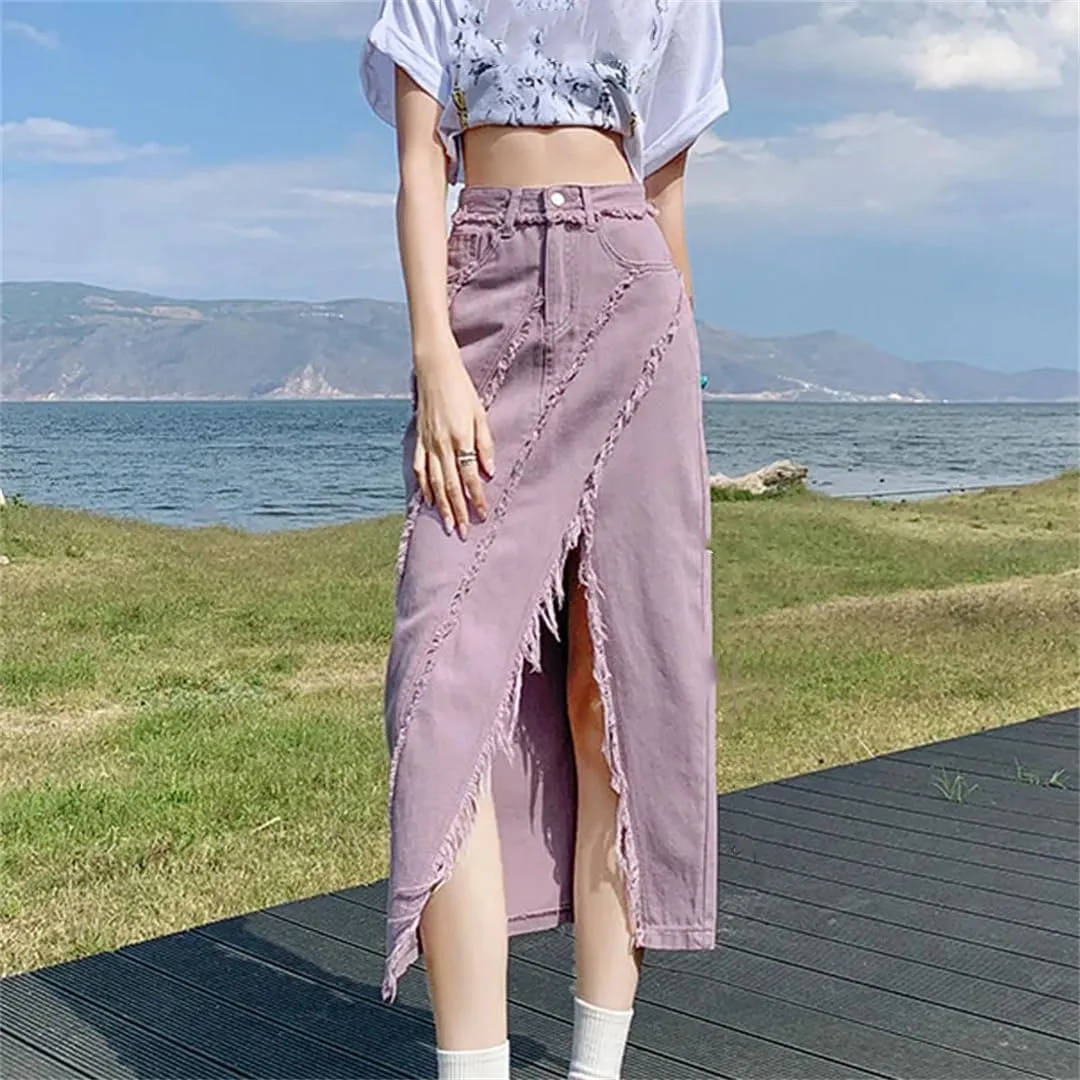 Women's High Waisted Side Slit Midi Skirt with Tassel Slim Fit A-Line Skirts Candy Color Casual Skirts