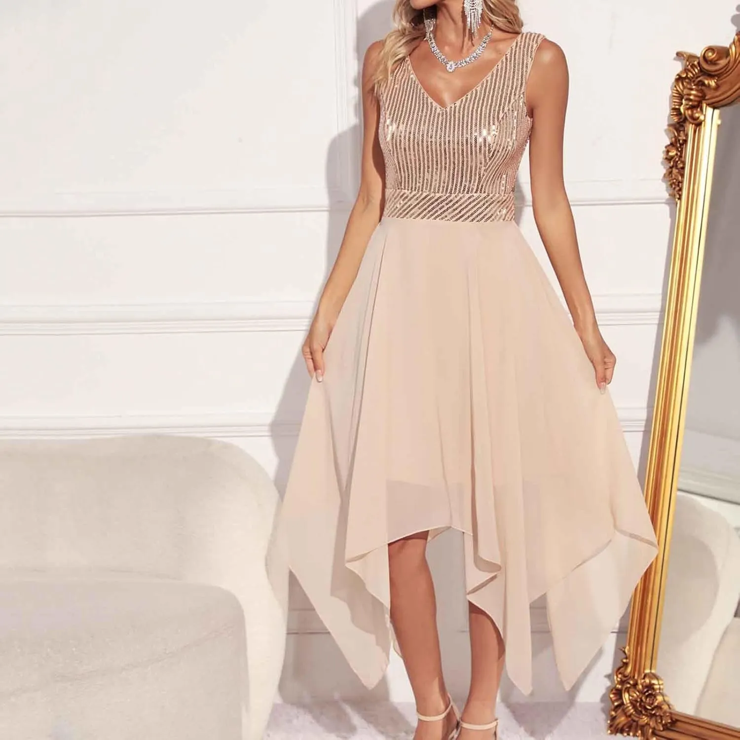 Womens Irregular Hem Sequin Dress Sleeveless V Neck Cockatil Dress High Waist Mesh Patchwork Evening Party Midi Gown