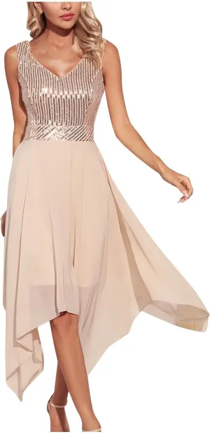 Womens Irregular Hem Sequin Dress Sleeveless V Neck Cockatil Dress High Waist Mesh Patchwork Evening Party Midi Gown