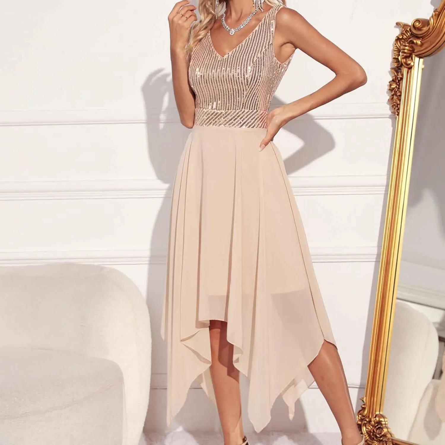 Womens Irregular Hem Sequin Dress Sleeveless V Neck Cockatil Dress High Waist Mesh Patchwork Evening Party Midi Gown