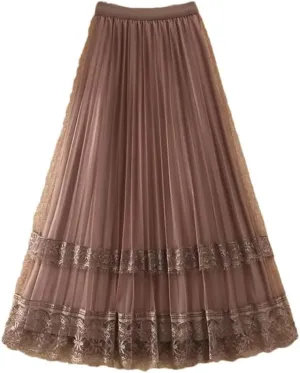 Women's Korean Fashion Lace Gauze Patchwork Pleated Skirt Spring Summer High Waist A-Line Midi Skirts
