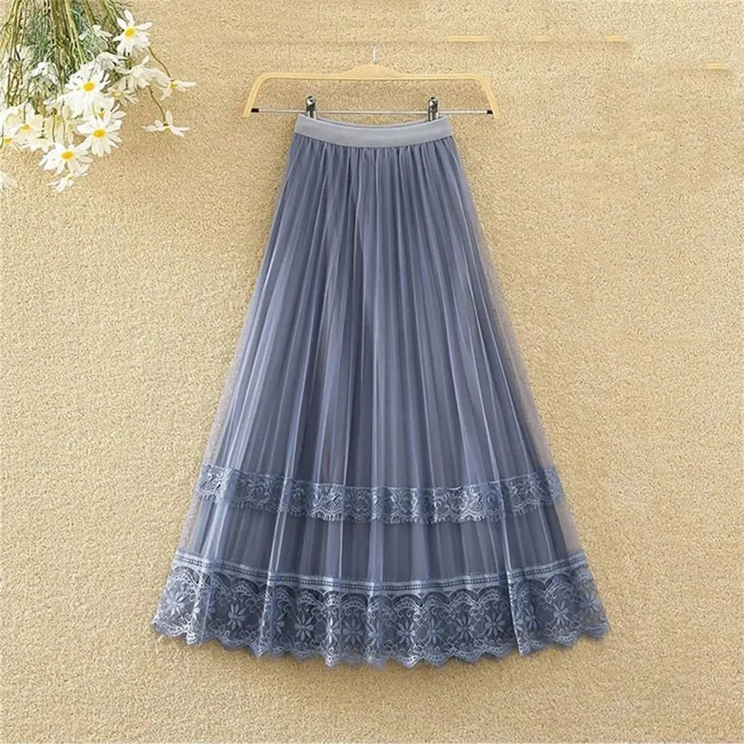 Women's Korean Fashion Lace Gauze Patchwork Pleated Skirt Spring Summer High Waist A-Line Midi Skirts