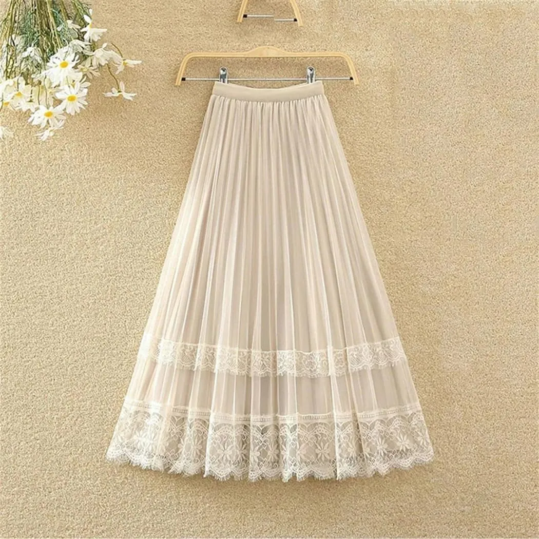 Women's Korean Fashion Lace Gauze Patchwork Pleated Skirt Spring Summer High Waist A-Line Midi Skirts