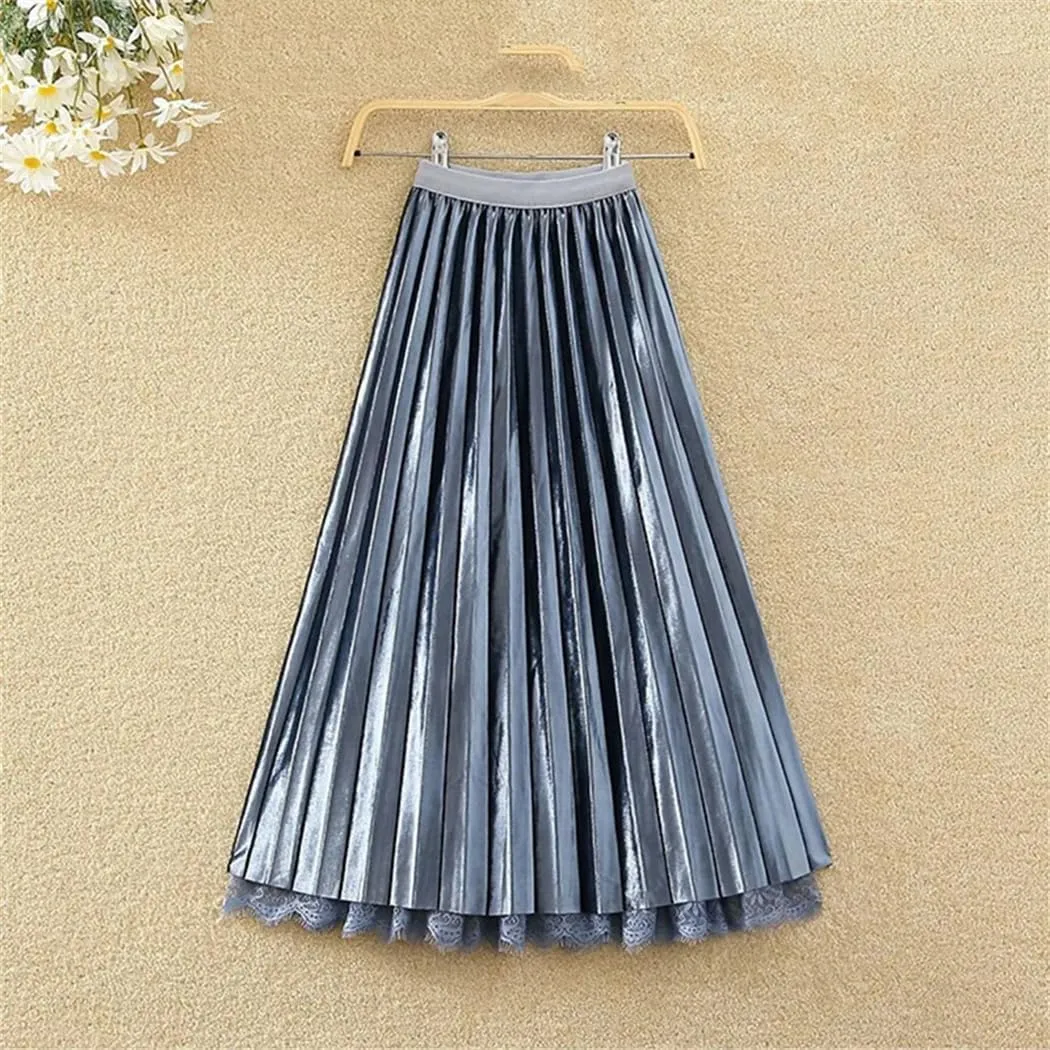 Women's Korean Fashion Lace Gauze Patchwork Pleated Skirt Spring Summer High Waist A-Line Midi Skirts