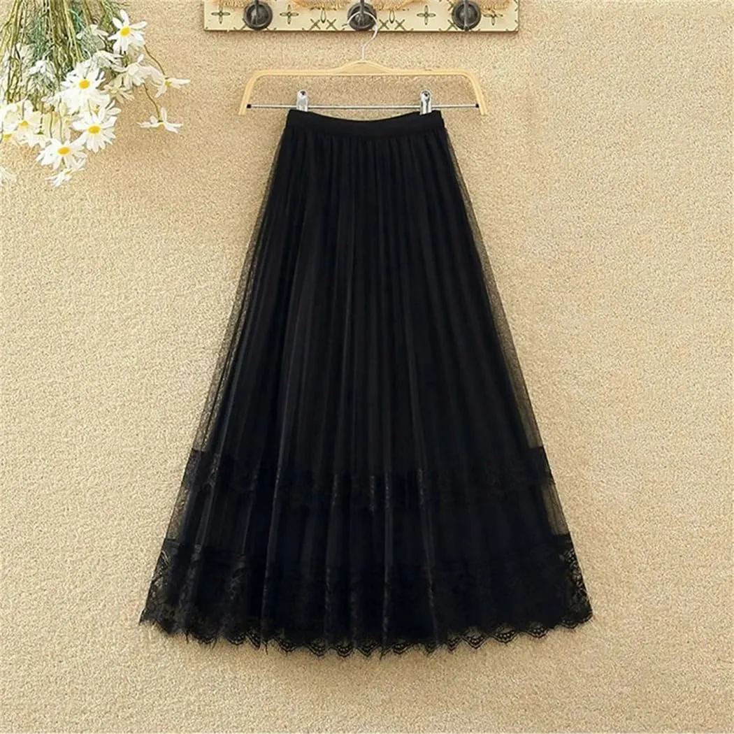 Women's Korean Fashion Lace Gauze Patchwork Pleated Skirt Spring Summer High Waist A-Line Midi Skirts