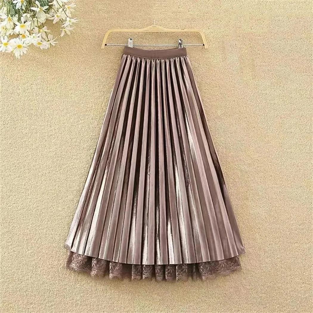 Women's Korean Fashion Lace Gauze Patchwork Pleated Skirt Spring Summer High Waist A-Line Midi Skirts