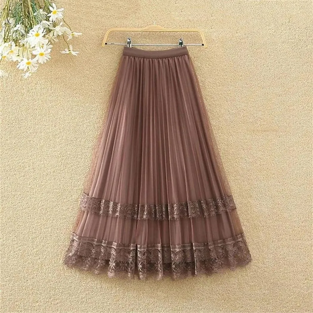 Women's Korean Fashion Lace Gauze Patchwork Pleated Skirt Spring Summer High Waist A-Line Midi Skirts