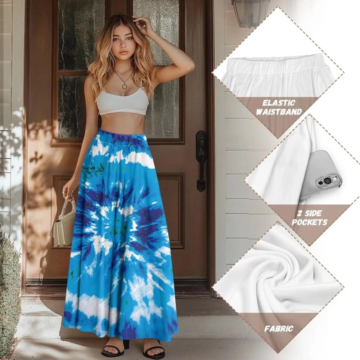 Women's Long High Waist A Line Skirt with Pockets for Women Trendy Hem Women's Long High Waist