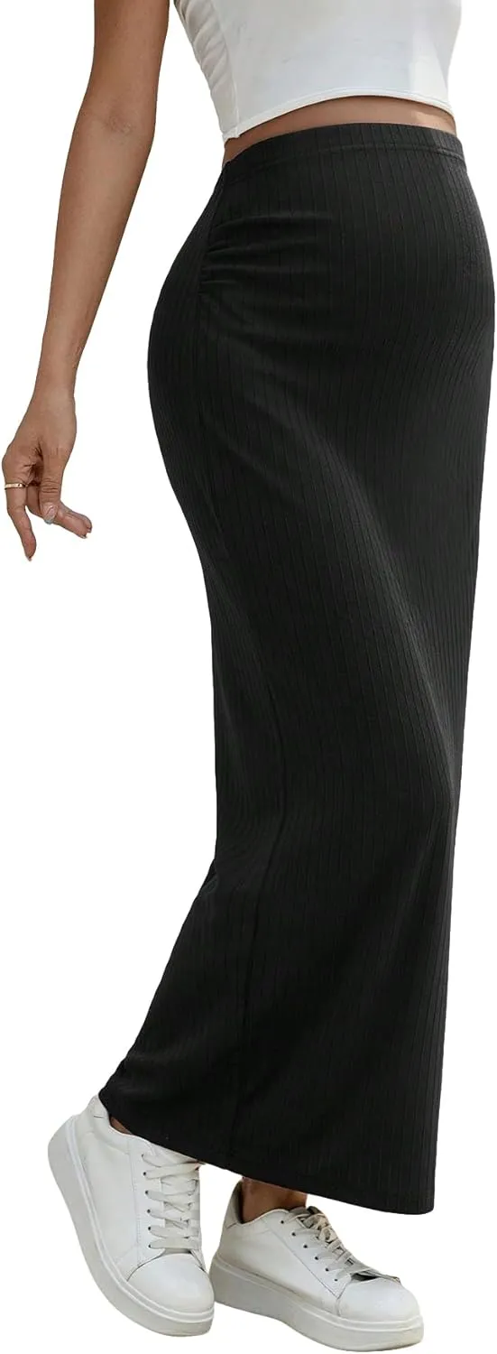 Women's Maternity High Waist Over The Belly Midi Maternity Pencil Skirt Split Hem Bodycon Skirt