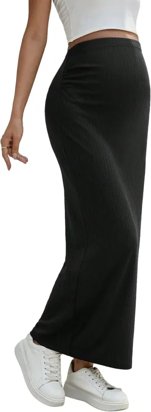 Women's Maternity High Waist Over The Belly Midi Maternity Pencil Skirt Split Hem Bodycon Skirt
